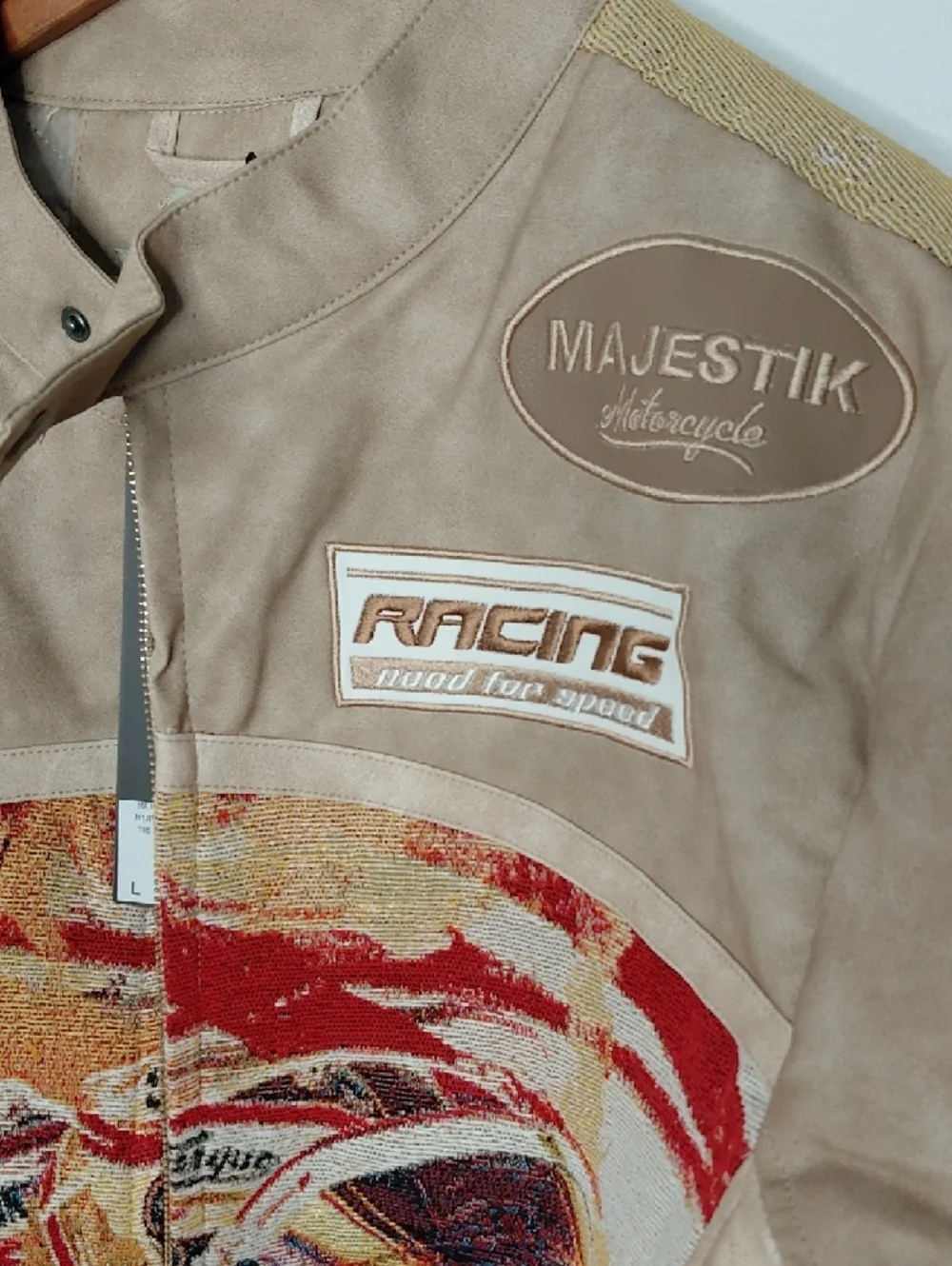 Beige Racing Graphic Leather Jacket - Picture 4 of 12